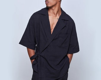 Men's Linen Kimono, Natural Linen Clothing, Linen Suit for Men, Linen Outfits for Man,Minimalist Outfits,Fathers Day,Kimona Men,Black Kimono