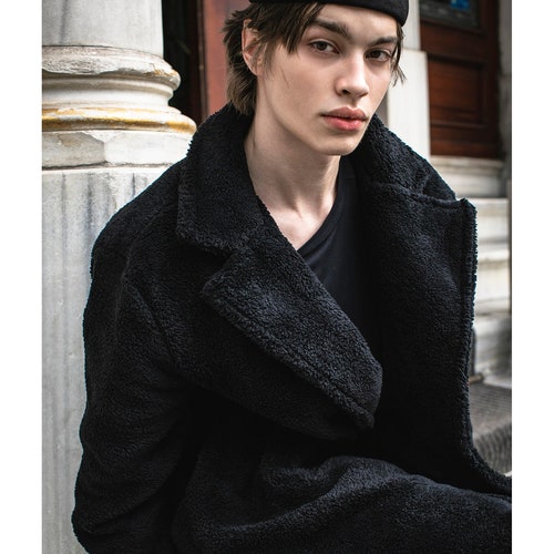 Black Teddy Coat - Winter Teddy Coat,Teddy Coat for men,Outwear,Coat Jacket With Pockets,Men Long Sleeve V Neck shops Faux Fur Fleece Long