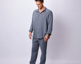 Men's Dark Muslin Shirt and Pants Set Lightweight Cotton Two Piece Lounge Outfit Relaxed Fit Summer Resort Wear Breathable Beach Look