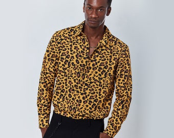 Chemise à manches longues léopard - Tissu soyeux, Respirant, Chemise élégante, Chemise pour homme, Chemise élégante à manches longues, Noël, Motif léopard