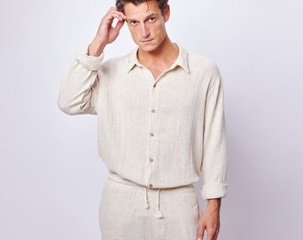 Chemise et pantalon en lin beiges pour homme, Costume de mariage, Mariage  d'été, Style lin, Tenues en lin pour homme, Cadeau personnalisé,