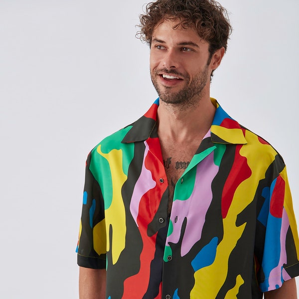 Colorful camouflage Short Sleeve Shirt - Silk Fabric, Breathable, Stylish Shirt, Elegant Short Sleeve Shirt,Gift,Summer Clouthing