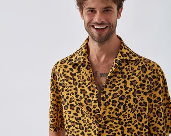 Camisa de manga corta de gran tamaño de leopardo - tela de seda, ropa de verano, camisa elegante, camisa para hombres, camisa de manga corta elegante, hecha a mano