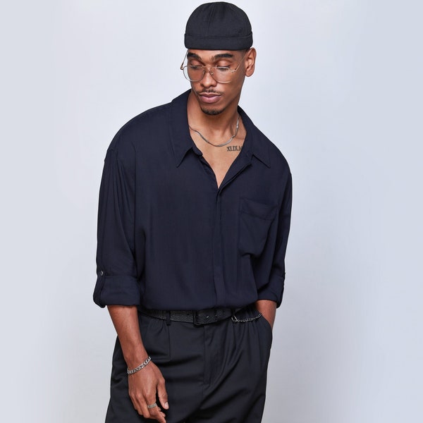 Chemise surdimensionnée à manches longues noires - Tissu viscose, Coupe ample, Chemise élégante, Chemise pour hommes, Chemise élégante à manches longues, Minimaliste, Chemise noire