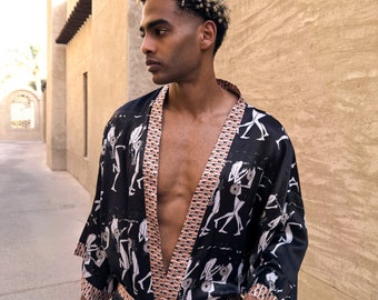 Silk mens kimono robe,Boheme dressing gown for man,Long satin bathrobe,Men's kimono,Bohemian dressing gown,Long silky robe,Ethnic Kimono
