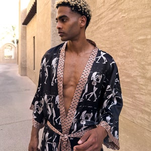シルクメンズ着物ローブ、男性用ボヘミアンガウン、ロングサテンバスローブ、メンズ着物、ボヘミアンガウン、ロングシルクローブ、エスニック着物