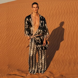 Ethnic Kimono,Silk mens kimono robe&pants ,African Kimono , Luxury long satin bathrobe,Men&#39;s kimono,Long silky robe,giftforhim,father gift
