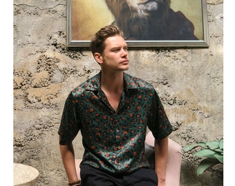 Green Leopard Short Sleeve Shirt - Silk Fabric, Breathable, Stylish Shirt, Shirt for men, Elegant Short Sleeve Shirt,Gift,Summer Clouthing