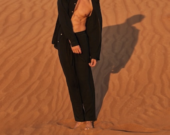 Black Muslin Pants for Men Relaxed Fit Boho Linen Trousers Soft Breathable Summer Minimalist Jogger Style