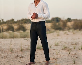 Schwarze Leinenhose, 100% Leinenhose Männer, Leinen Herrenbekleidung, hochwertiges weiches Leinen, organische klassische Kleidung für Männer, Boho minimalistische Leinenhose