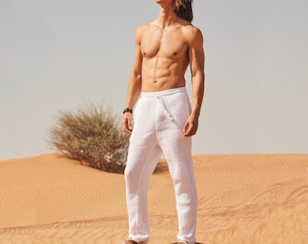 White Muslin Pants Men | Soft Cotton Drawstring Pants | Boho Minimalist Trousers