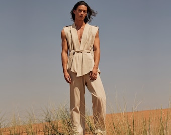 Conjunto de Colete e Calça de Linho Masculino, Roupas de Linho Natural, Terno de Linho para Homens, Conjuntos de Linho para Homens, Looks Minimalistas, Presente Personalizado, Terno para Casamento