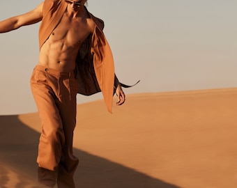 Pantalones de lino color camel, pantalones de lino para hombre, ropa de lino para hombre, pantalón palazzo de lino, ropa clásica orgánica para hombre, pantalones de lino minimalistas estilo boho