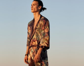 Kimono floreale, vestaglia e pantaloni kimono da uomo in seta, kimono da uomo, regalo di San Valentino, accappatoio lungo in raso di lusso, lunga veste setosa, regalo per lui