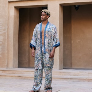 Silk mens kimono robe,Men's kimono,Boheme dressing gown for man,Long satin bathrobe,Bohemian dressing gown,Long silky robe,Ethnic Kimono image 9