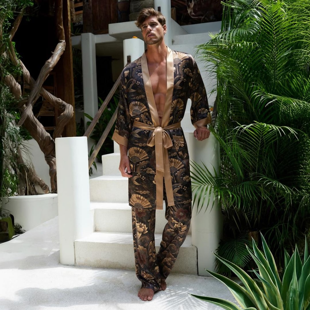 Kimono dourado, robe e calças de quimono masculino de seda