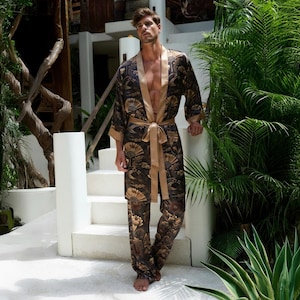 Golden Kimono, Silk mens kimono robe&pants ,Men&#39;s kimono, Boheme dressing gown for man, Luxury long satin bathrobe,Long silk robe,gifthim