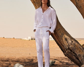 Herren Musselin Weißes Hemd und Hosen,Musselin Männer,Sommer Hochzeit,Musselin Stoff, Outfits für Männer,Geschenk für Ihn,Sommer Kleidung,Minimalistisch