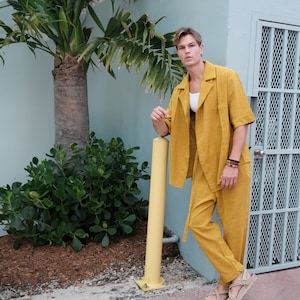 Mens Linen Jacket,Wedding Suit,Festival Style Linen Suit,Linen Outfits for Men,Minimalist Outfits,Mustard Kimono Men,Valentines Day Gifts