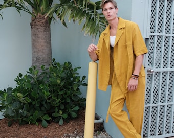 Chaqueta de lino para hombre, traje de boda, traje de lino estilo festival, trajes de lino para hombres, trajes minimalistas, kimono mostaza para hombres, regalos del día de San Valentín