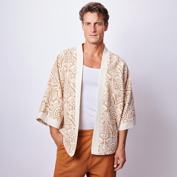 Men’s Boho Kimono Jacket, Lightweight Cardigan,Aztec Inspired Beachwear,Bohemian Festival Outfit, Muslin Kimono with Ethnic Print,Giftforhim