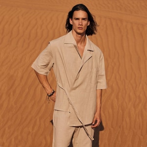 Beige Leinenjacke & Hosen Set für Herren - Boho Hochzeitsanzug, Sommer Festival Outfit, minimalistische Leinenkleidung für Männer