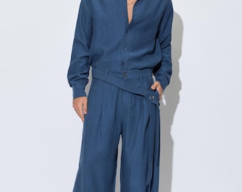 Indigo Blue Men's Two Piece Set, Soft Modal Shirt and Wide Leg Pants, Luxury Loungewear Resort Outfit
