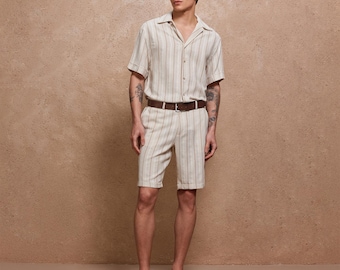 Men's Rustic Beige Linen Shirt and Shorts Set | Two Piece Summer Outfit | Breathable Beachwear | Casual Resort Wear | Gift for him