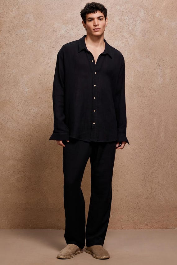 Black Muslin Shirt & Pants Set | Boho Cotton Gauze Outfit for Men, Lightweight Summer Resort Wear