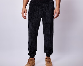 Tessuto in velluto leopardato nero,Street Style nero,Regalo per uomo regalo,Pantaloni Comfort neri,Pantaloni leopardati,Regalo per lui,Minimalista,Regalo per lui