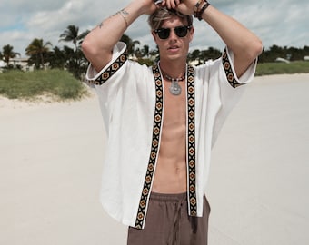 Afrikanischer Kimono für Herren, natürliche Kleidung, Kimono für Männer, minimalistisch, Strand-Kimono für Männer, Kimono für Männer, weißer Kimono, Geschenk für ihn, Strandkleidung