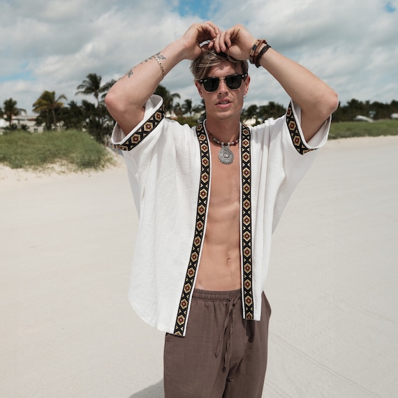 Men's Beach Kimono, Boho Festival Outfit for Him, Ethnic Summer Robe, Bohemian Clothing