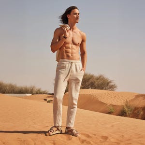 Beige Muslin Linen Pants Men Relaxed Fit Summer Boho Trousers Soft Breathable Minimalist Clothing