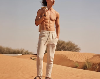 Beige Muslin Linen Pants Men Relaxed Fit Summer Boho Trousers Soft Breathable Minimalist Clothing