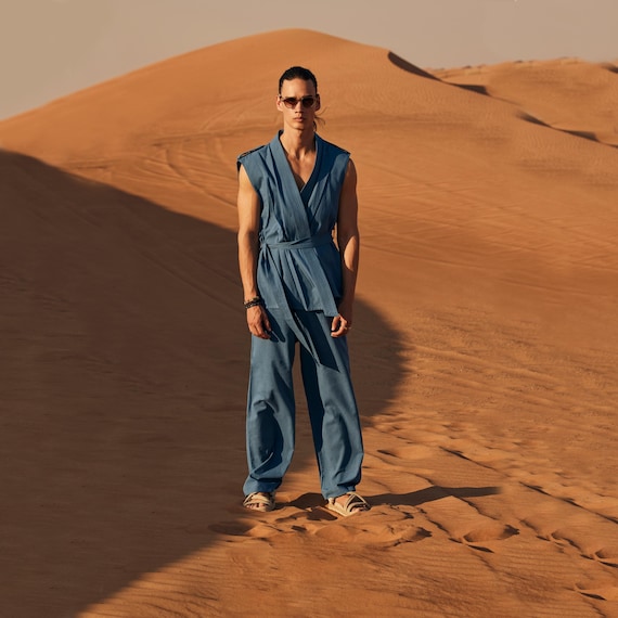 Men's Linen Vest&Pants,Blue Linen Clothing, Linen Suit for Men,Linen Kimono,Minimalist Outfit,Personalized Gift,Wedding Suit,Palazzo Pant
