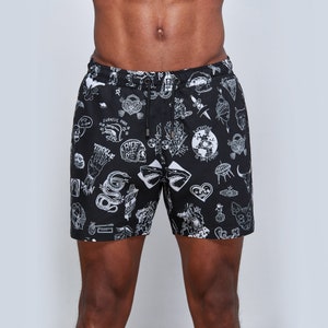 Men Swim Trunks Board Shorts With Old School Ink Pattern For Beach ,Swimming ,Travel, Summer Sports,Beach Trunks with Mesh Lining & Pockets