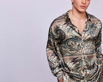 Desert Mirage Matching Set – Men’s Vintage Paisley Shirt & Pants, Boho Loungewear for Festivals, Resort, Artistic Nights,Men&#39;s Clothing