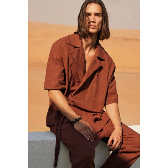 【I AM MARI】Coeri String Linen Shirt Jacket Mens Linen Jacket Pants,chritmas Gift,festival Style,linen