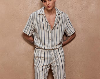 Men's Rustic Blue Linen Shirt and Shorts Set | Two Piece Summer Outfit | Breathable Beachwear | Casual Resort Wear | Marine Linen Set