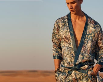 Kimono Paisley, bata y pantalones de kimono de seda para hombre, kimono para hombre, bata bohemia para hombre, bata de baño larga de satén de lujo, bata larga de seda, regalo para él