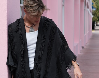 Poncho per festival estivi, kimono con frange lavorati a mano, poncho Burningman, kimono oversize boho, stile etnico, kimono in cotone boho, poncho fatti a mano