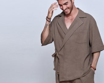 Men's Linen Kimono,Natural Linen Clothing, Linen Suit for Men,Linen Outfits for Man,Minimalist,Fathers Day,Kimono Men,Bronze Kimono