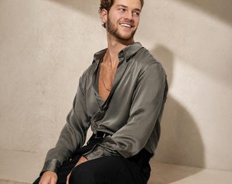 Pure Sandwashed Silk Mens Shirt in Ash Khaki, Sartorial Old Money Button Down, Quiet Luxury Designer Resortwear