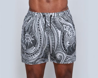 Herren Badehose Board Shorts mit Retro Muster für Strand, Schwimmen, Reisen, Sommersport, Strandhose mit Netzfutter und Taschen