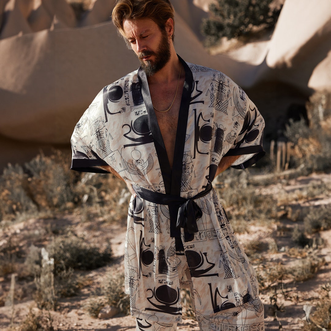 Kimono egípcio, robe e calças de quimono masculino de seda