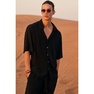 Black Short Sleeve Oversize Shirt - Viscose Fabric, Breathable, Stylish Shirt, Shirt for men, Elegant Long Sleeve Shirt, Minimalist