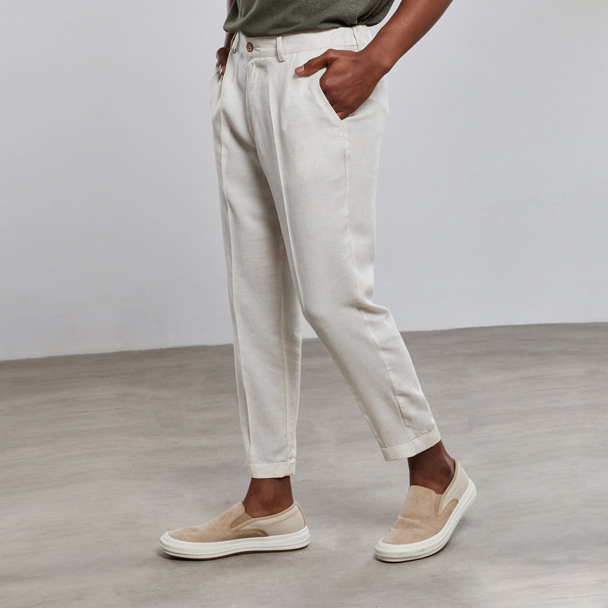 Beige High Rise Carrot Fit Pants with Belt Detail Online Shopping