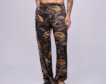 Golden Koi Luxury Pants – Viscose & Bali Silk • Relaxed Fit Dragon Motif Trousers • Wrinkle-Free Resort Wear Relaxed Fit –Festival Trousers