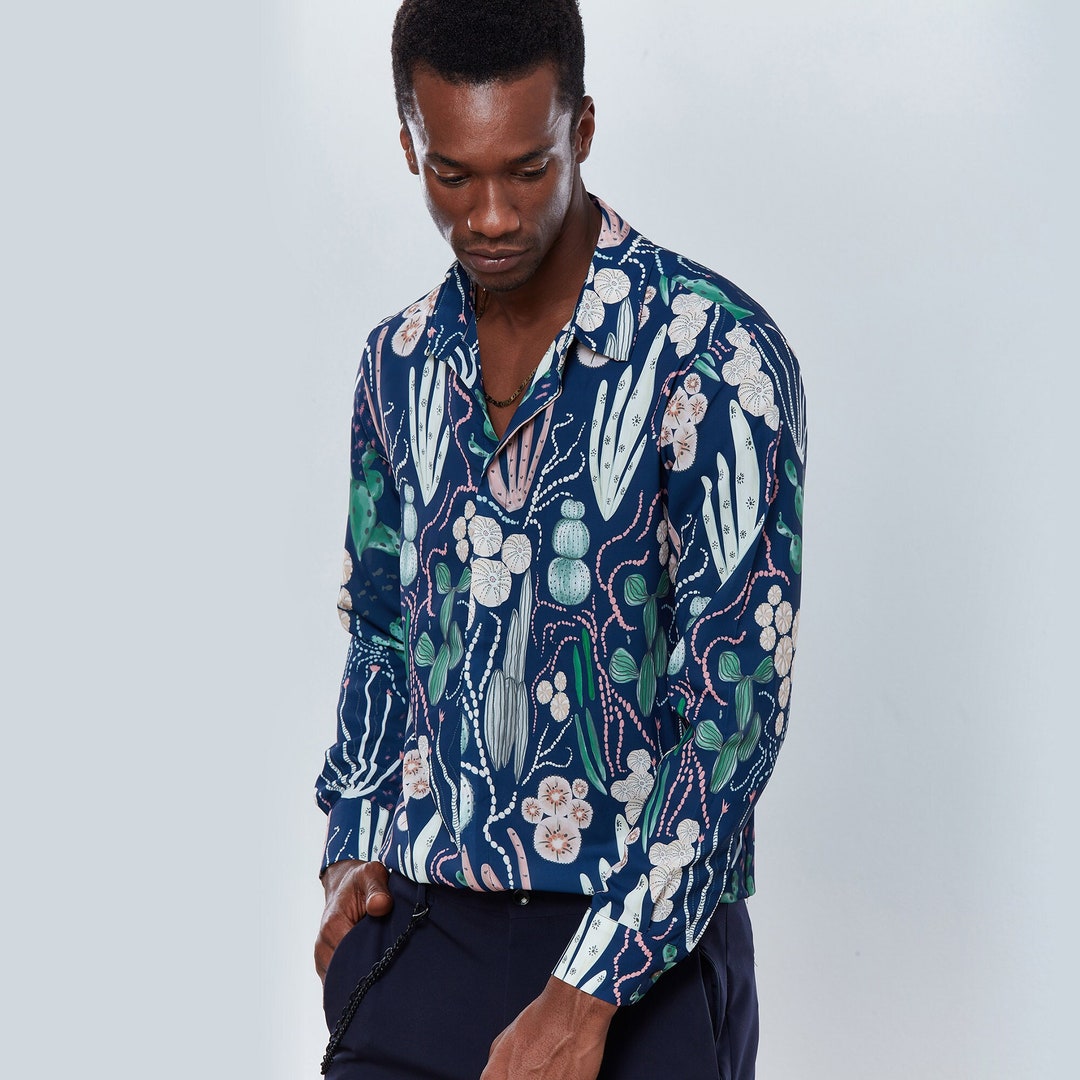 Navy Cactus Long Sleeve Shirt Silk Fabric Breathable - Etsy UK