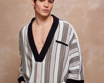 Clay Deep V Kaftan – Bohemian Oversize Tunic for Men | Cotton-Linen Blend | Summer Festival wear | Deep V Neck Kimono Shirt,Ethnic Shirt